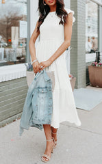 Mumzar boho summer maxi dress women in white showing flowy fabric and delicate design with denim jacket