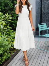 White cap-sleeve tiered midi dress with rounded neckline