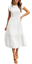 White short-sleeve tiered midi dress with round neckline