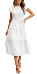 Mumzar white boho summer maxi dress women with short sleeves and tiered skirt perfect for casual wear