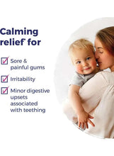 Teething relief medicine panel with baby photo and sore gums, irritability benefits list
