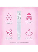 Pre-measured 1 mL teething medicine vial with convenient portable and hygiene icons