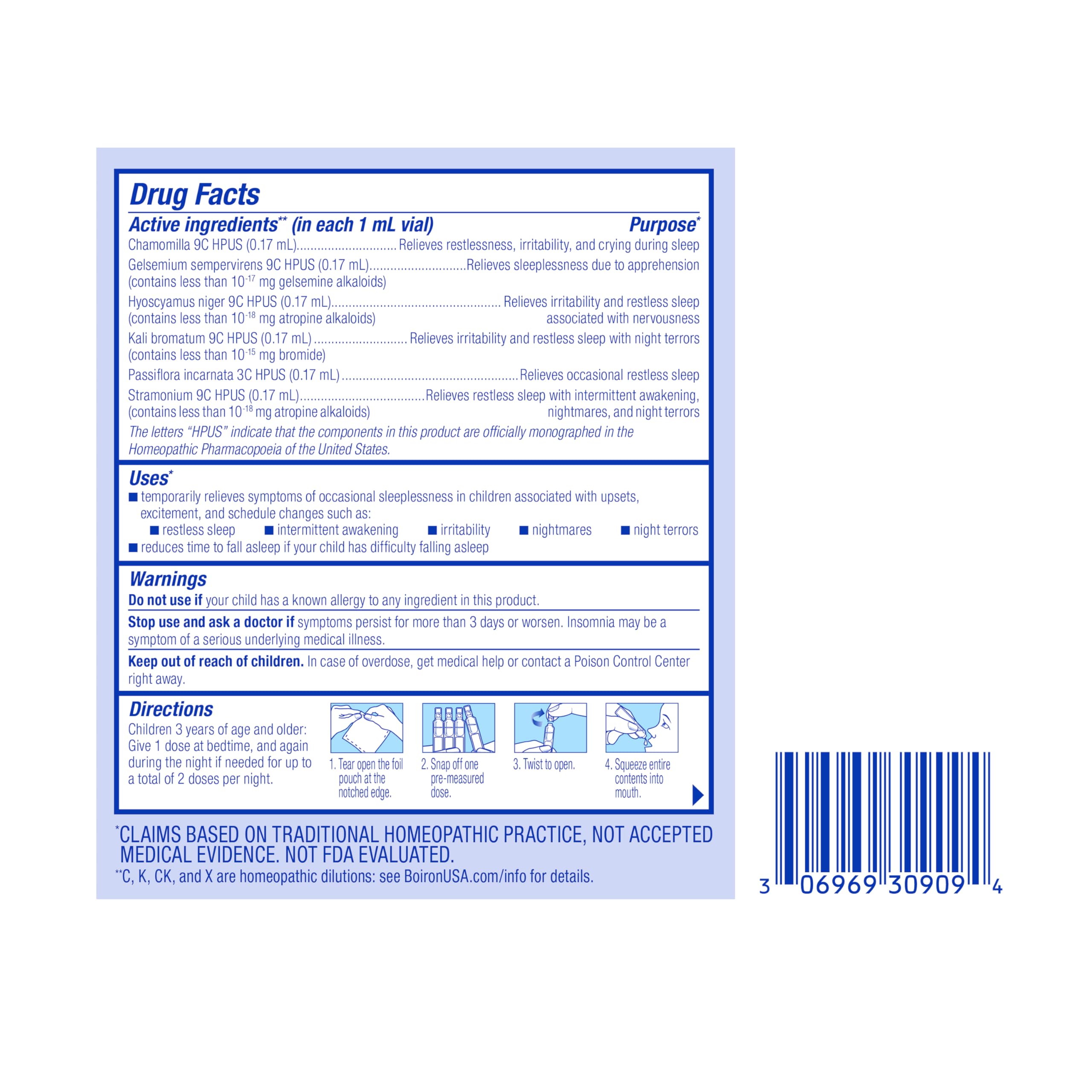 Boiron kids sleep aid liquid back label showing Drug Facts directions warnings and barcode