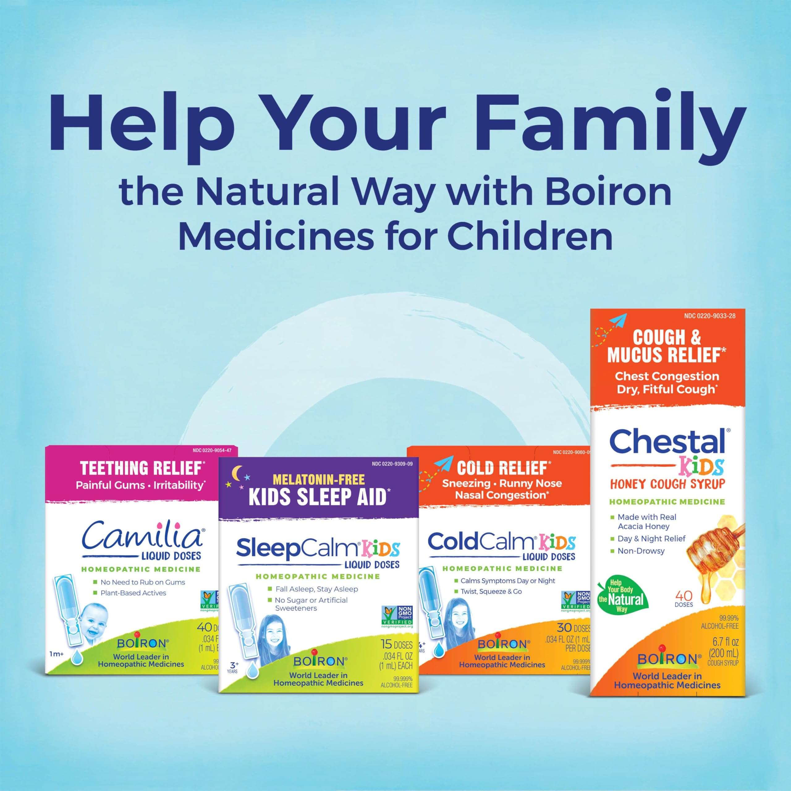 Boiron kids sleep aid liquid SleepCalm Kids box displayed with other Boiron children remedies