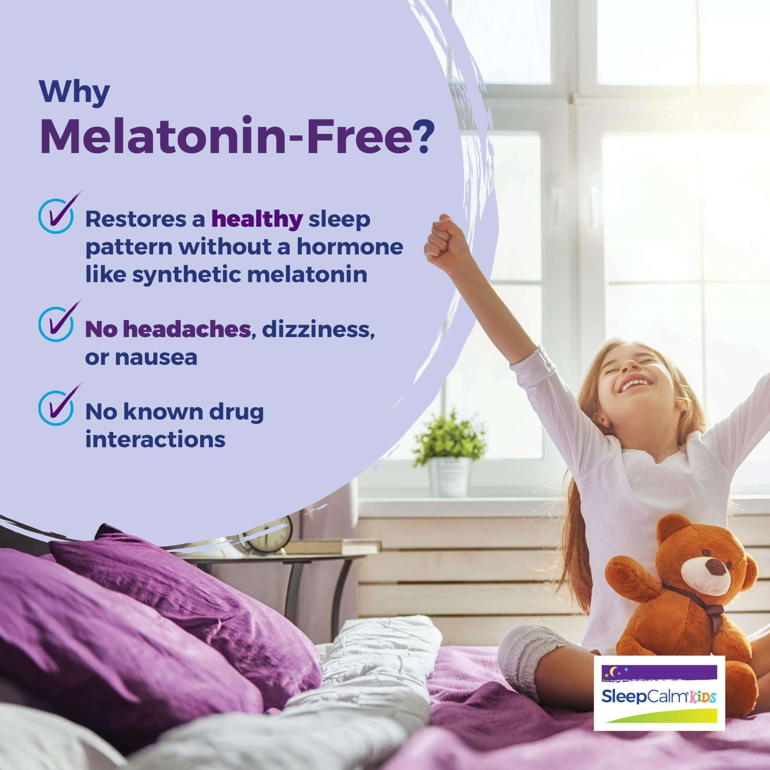 Boiron SleepCalm Kids melatonin free ad showing joyful child on bed with teddy and product label kids sleep aid liquid