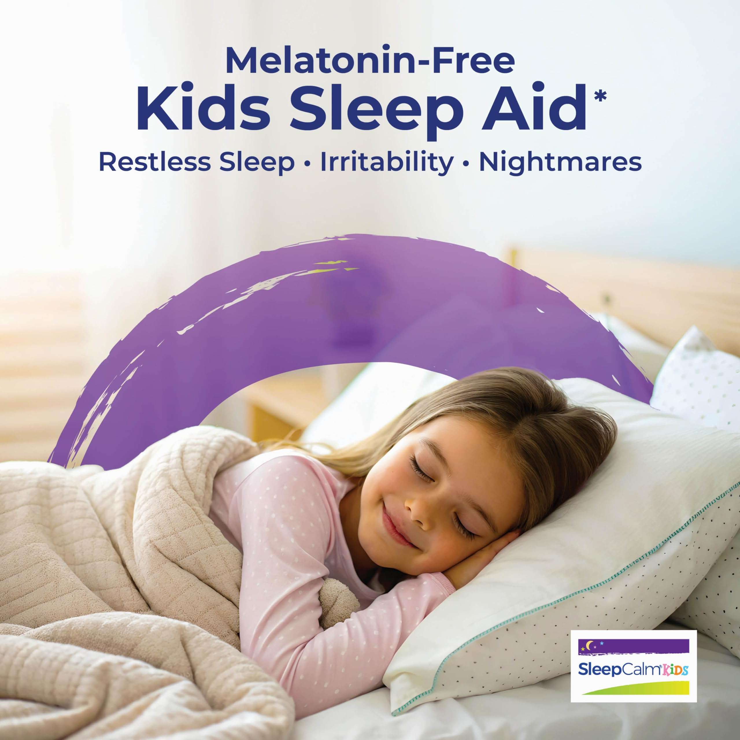 Boiron kids sleep aid liquid packaging with melatonin free label shown alongside smiling child sleeping in bed