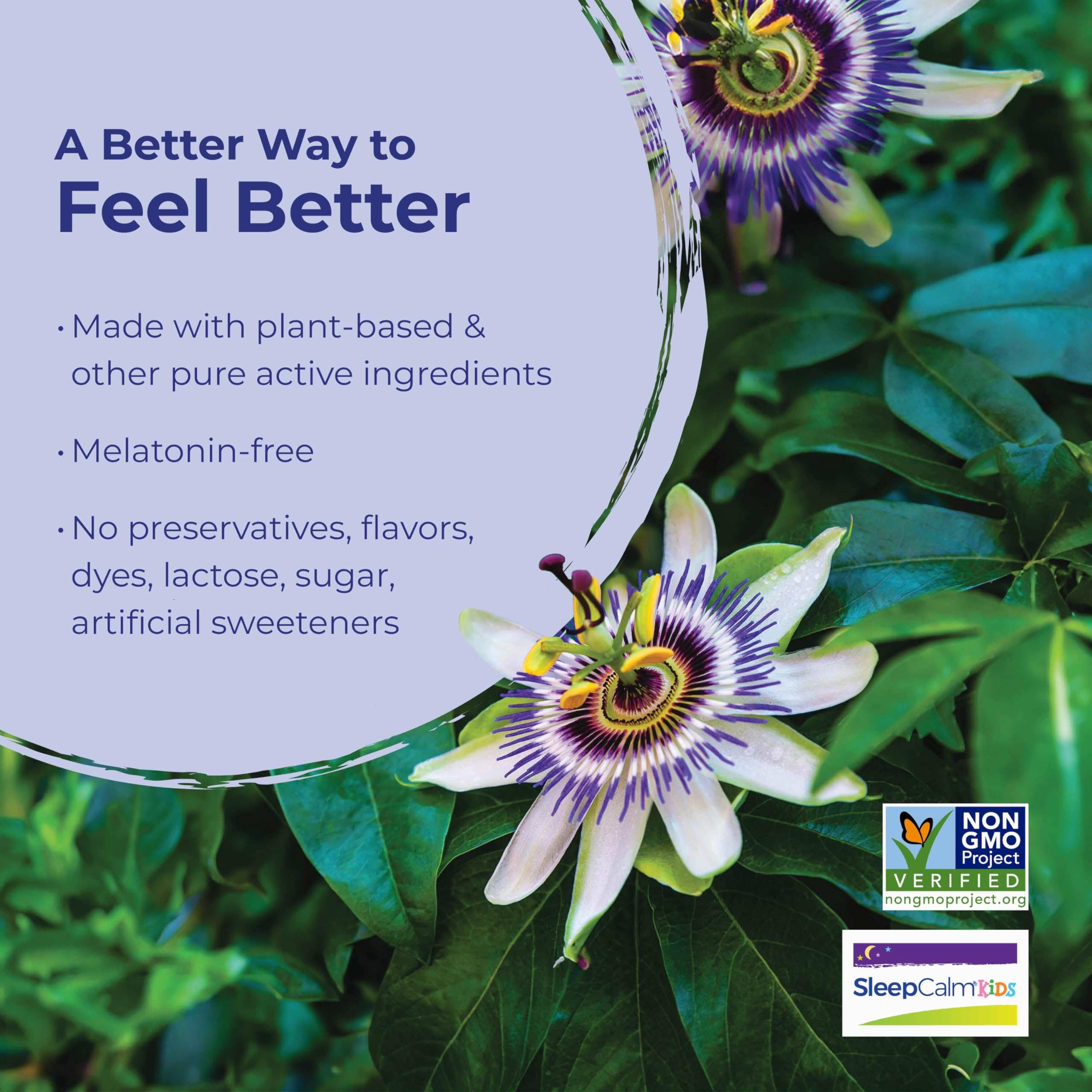 Boiron kids sleep aid liquid box showing passionflower image and text listing plant based melatonin free benefits