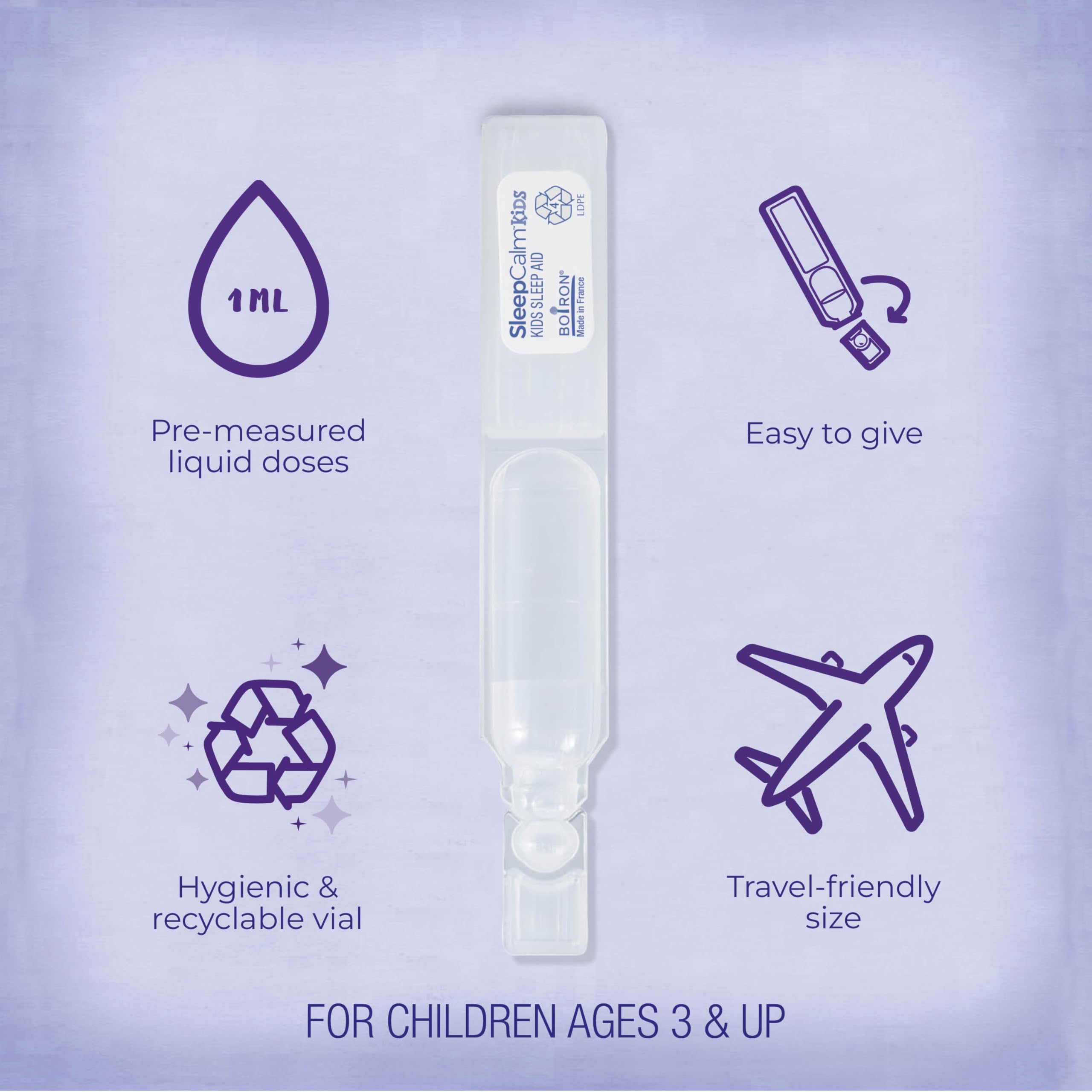 Boiron kids sleep aid liquid premeasured 1 mL hygienic recyclable travel vial for children ages 3 and up