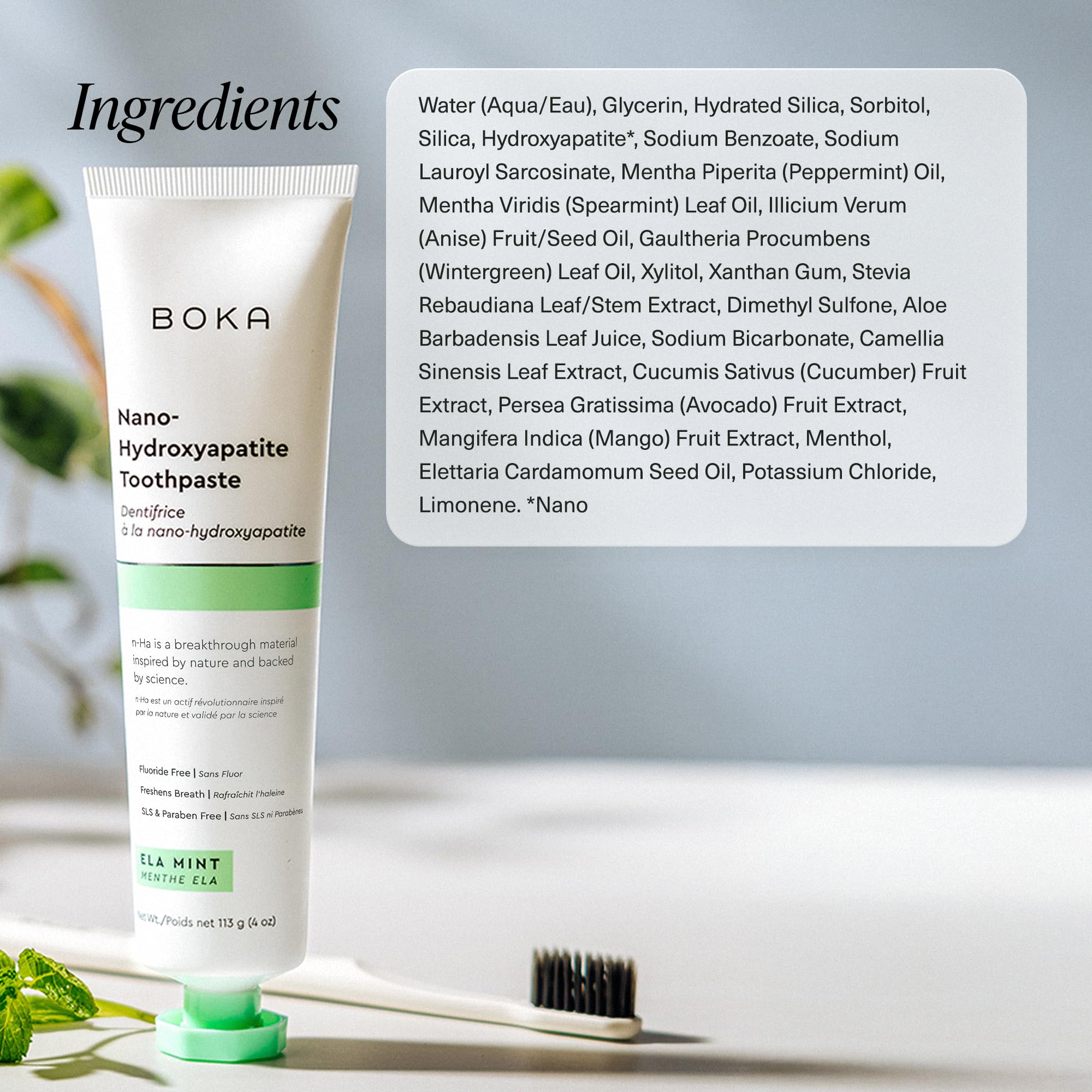 Boka Nano Hydroxyapatite toothpaste tube with toothbrush and ingredients label fluoride free toothpaste for sensitive teeth