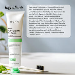 Boka Nano Hydroxyapatite toothpaste tube with toothbrush and ingredients label fluoride free toothpaste for sensitive teeth