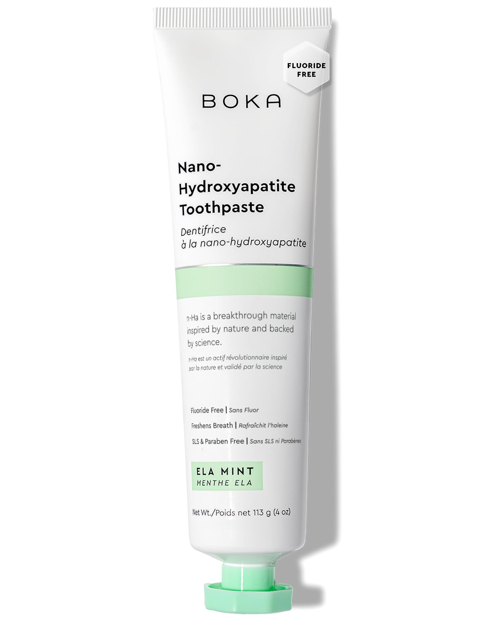 Boka Nano Hydroxyapatite toothpaste tube Ela Mint flavor fluoride free toothpaste for sensitive teeth white mint packaging