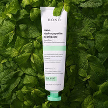 Boka nano-hydroxyapatite toothpaste tube with mint leaves
