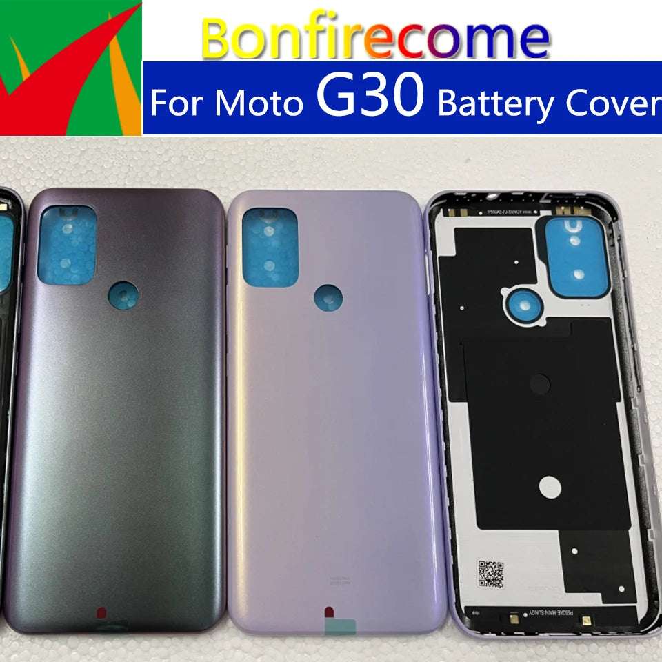 Moto G30 battery cover replacement showing four rear housing panels gray and lavender with camera cutouts and adhesive frame