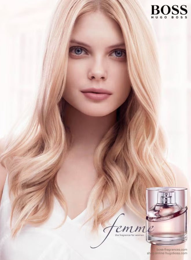 HUGO BOSS Femme EDP 75ml perfume for women displayed with a model showcasing elegance and beauty