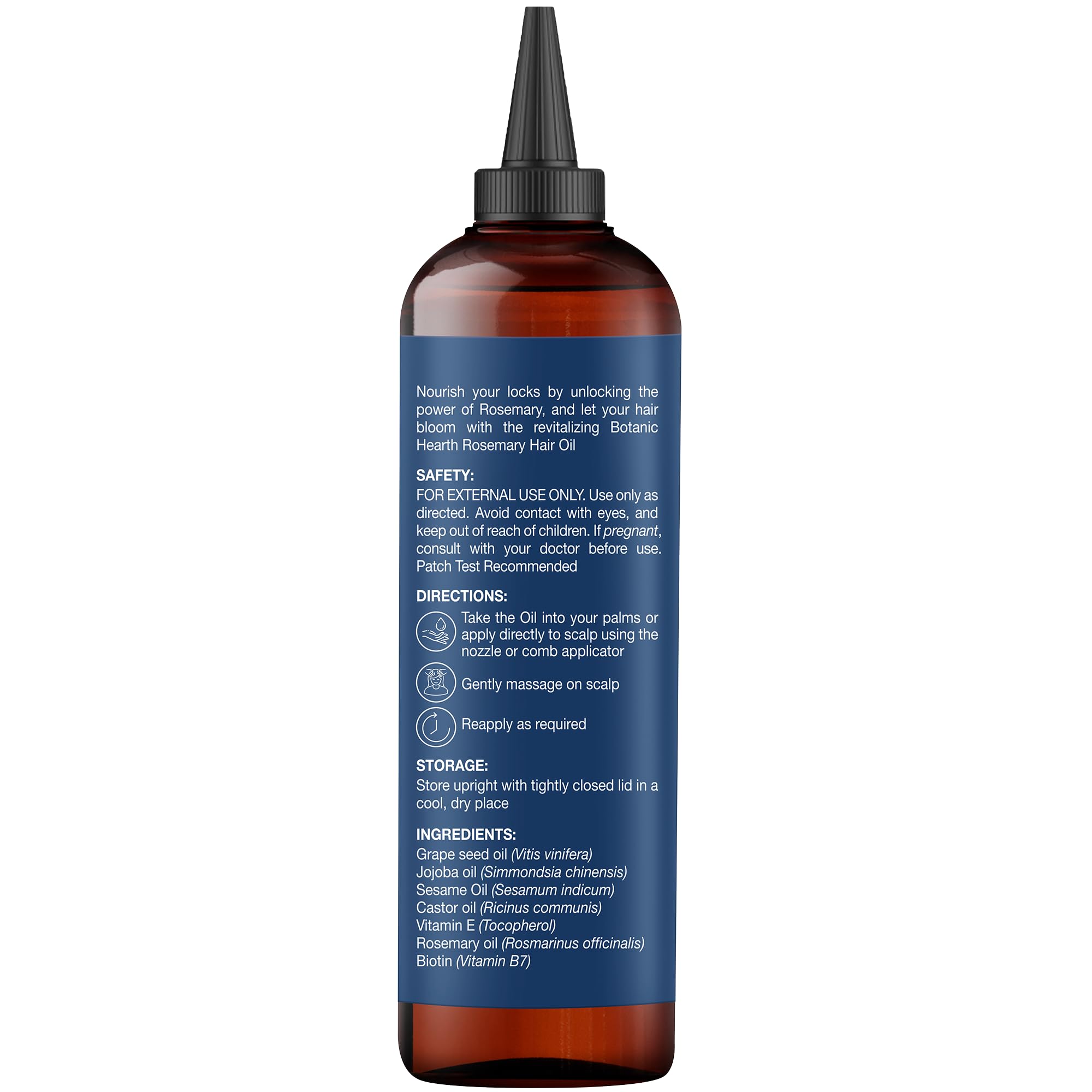 Visit the Botanic Hearth Store biotin infused hair strengthening oil in amber bottle with applicator nozzle and blue label