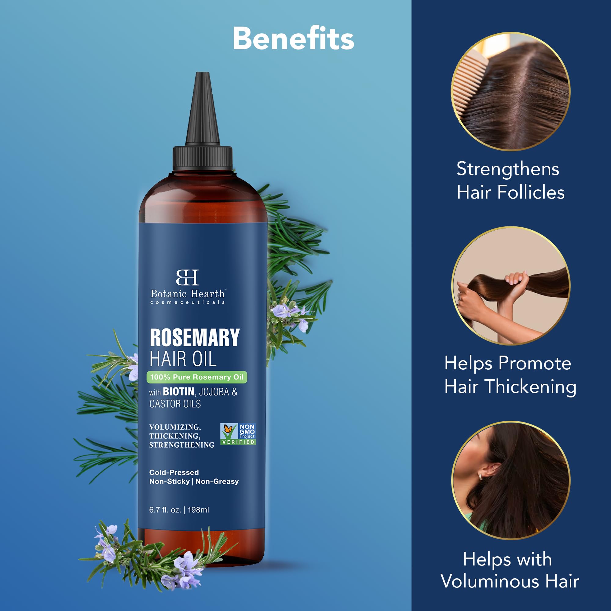 Biotin infused hair strengthening oil Rosemary Hair Oil bottle by Botanic Hearth with benefits for hair thickening and volumizing