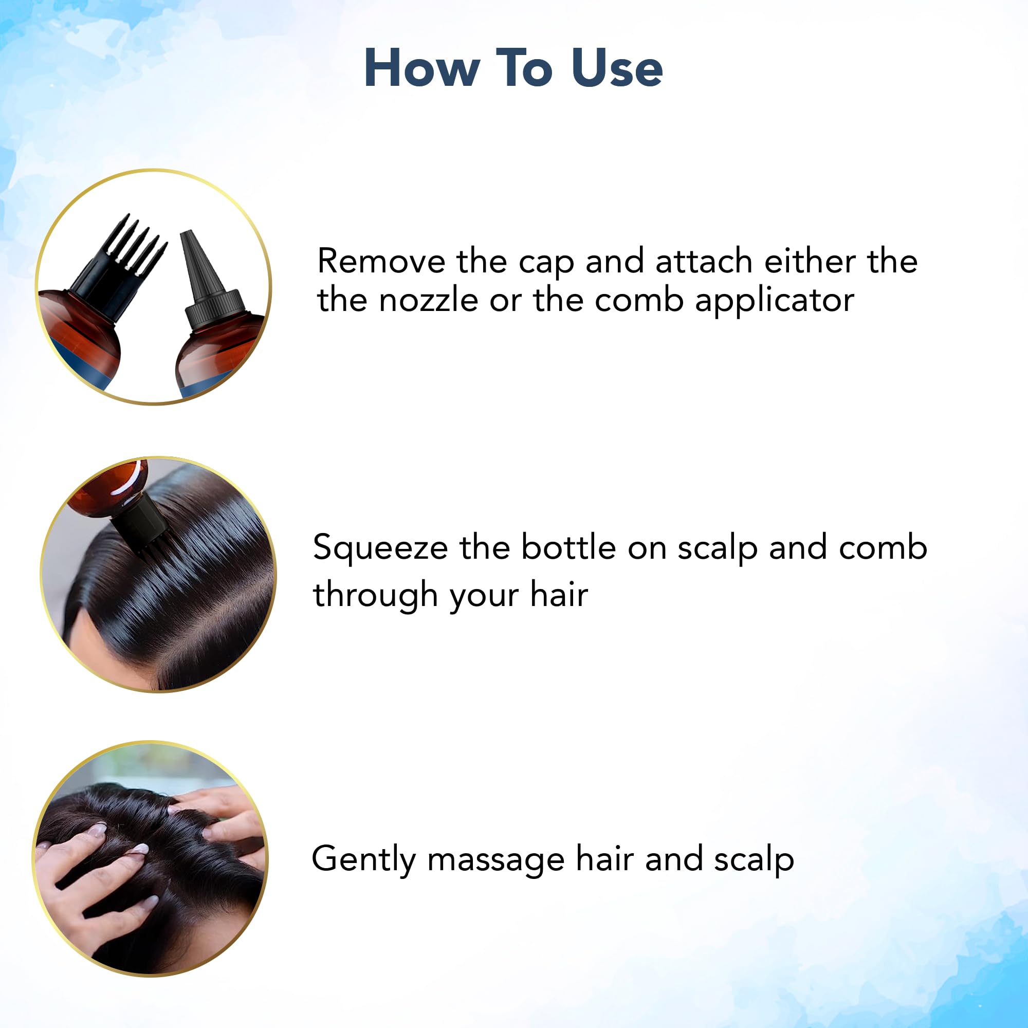 Instructions showing how to use biotin infused hair strengthening oil with nozzle or comb applicator on scalp and hair massage