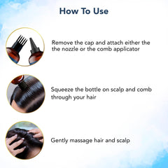 Instructions showing how to use biotin infused hair strengthening oil with nozzle or comb applicator on scalp and hair massage