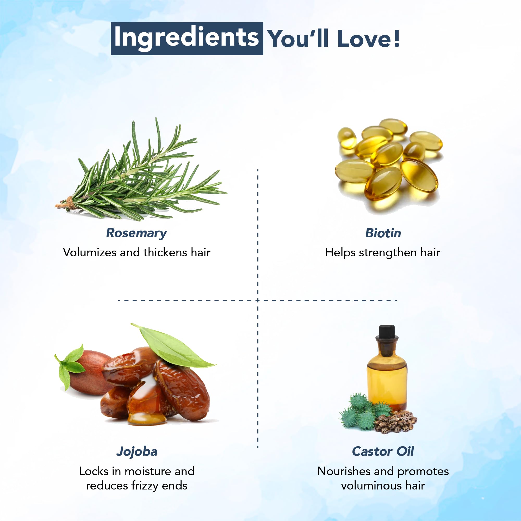 Ingredients of biotin infused hair strengthening oil including rosemary, biotin capsules, jojoba, and castor oil