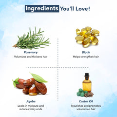 Ingredients of biotin infused hair strengthening oil including rosemary, biotin capsules, jojoba, and castor oil