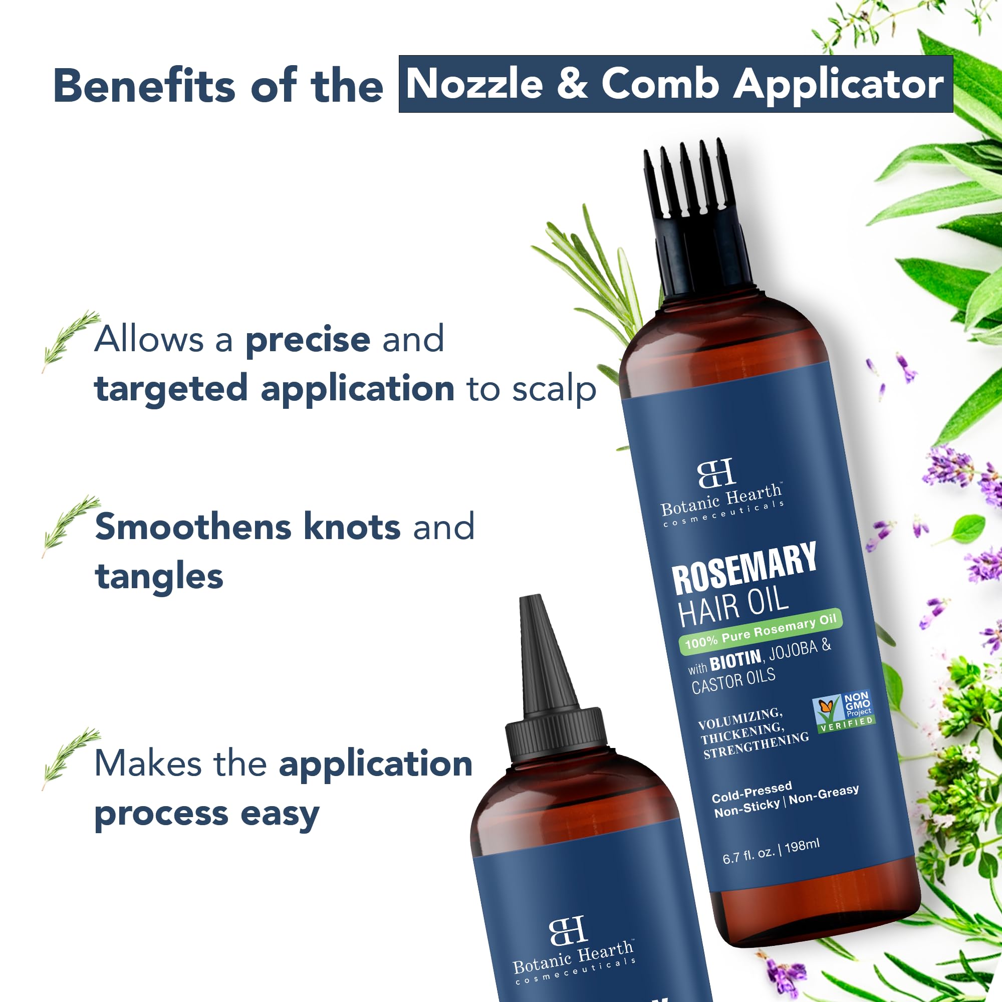 Biotin infused hair strengthening oil with rosemary in bottles featuring nozzle and comb applicator for easy scalp application