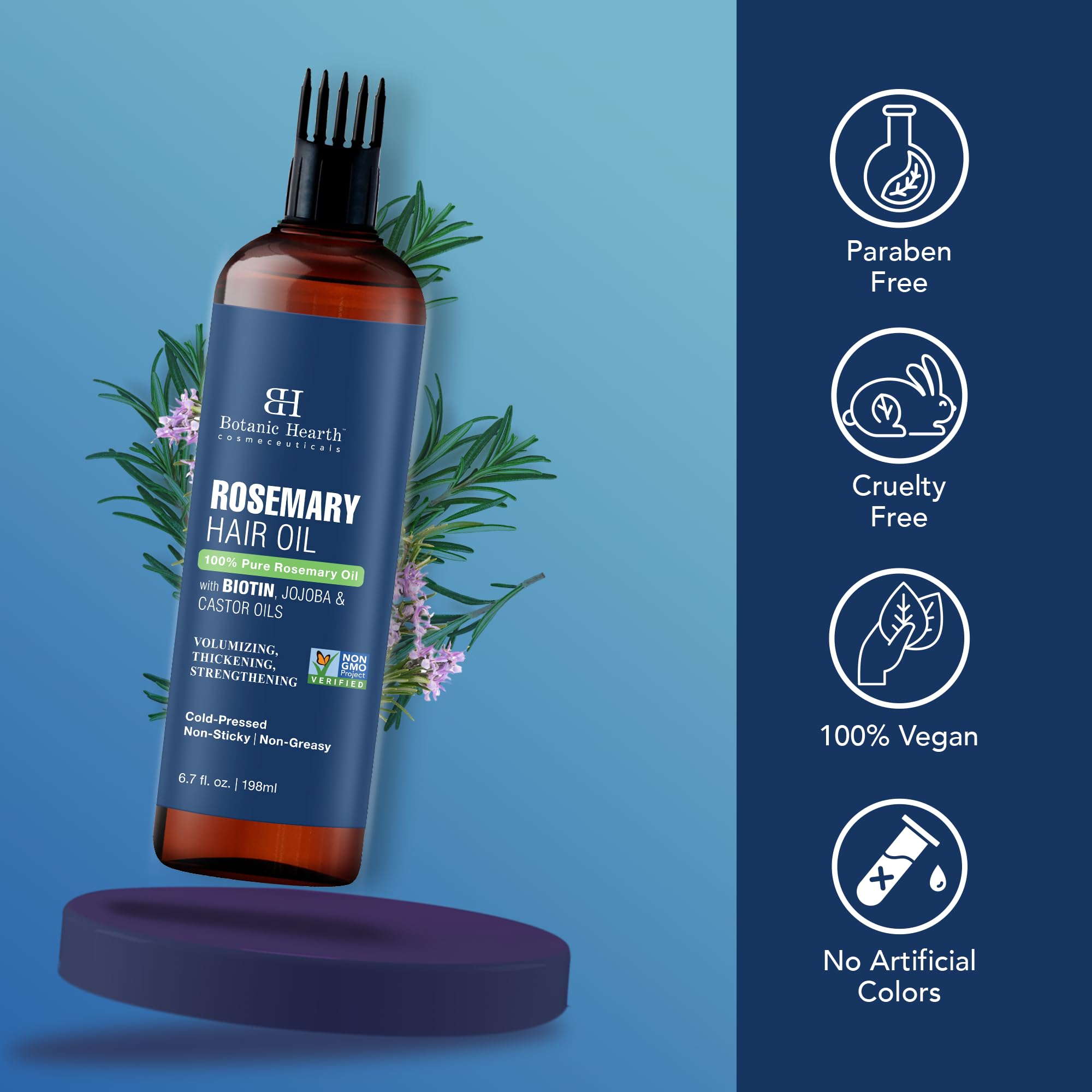 Botanic Hearth Store biotin infused hair strengthening oil rosemary hair oil bottle with comb applicator and natural ingredients