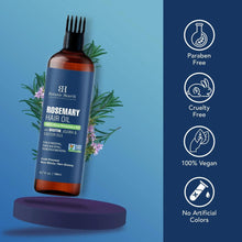 Rosemary hair oil bottle with vegan, paraben-free, cruelty-free and no artificial colors badges