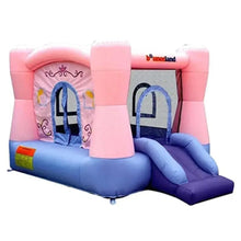 Pink inflatable bounce house with attached slide, blue base and arched entry