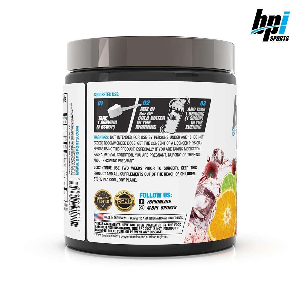 BPI Sports metabolism booster powder citrus flavored supplement tub with label showing usage directions