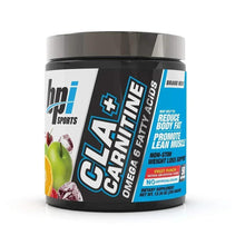 BPI Sports CLA + Carnitine supplement jar, blue label with Fruit Punch flavor