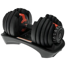 Adjustable dumbbells with rotating weight dials on a black stand
