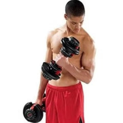 Fit man lifting Huitich 24kg adjustable dumbbell set with black and red weights for strength training