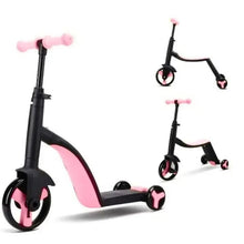 Kids scooter tricycle frame with pink deck, rear wheel, and front caster wheel