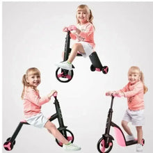 Kids tricycle scooter set, black frame with pink deck and three riding angles