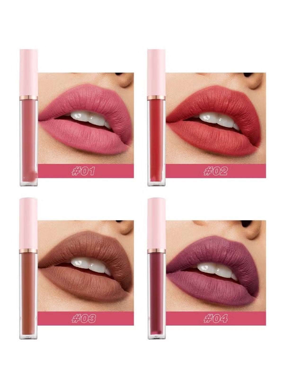 Huitich 6 piece matte lip kit with four shades of pink, red, brown, and purple lip glosses on model lips