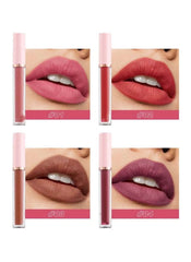 Huitich 6 piece matte lip kit with four shades of pink, red, brown, and purple lip glosses on model lips
