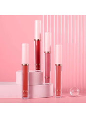 Huitich 6 piece matte lip kit with four shades of matte lip glosses displayed on pink background