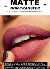 Close-up of lips wearing Huitich 6 piece matte lip kit matte non-transfer lip gloss in mauve shade