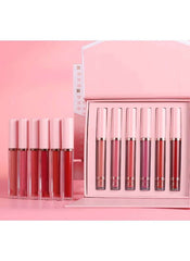 Huitich 6 piece matte lip kit with six shades of pink and red lip glosses in a pink box