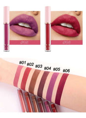 Huitich 6 piece matte lip kit with swatches on arm and close-up of purple and red lip gloss shades