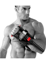 Adjustable wrist strength trainer on arm with black padding and red adjustment