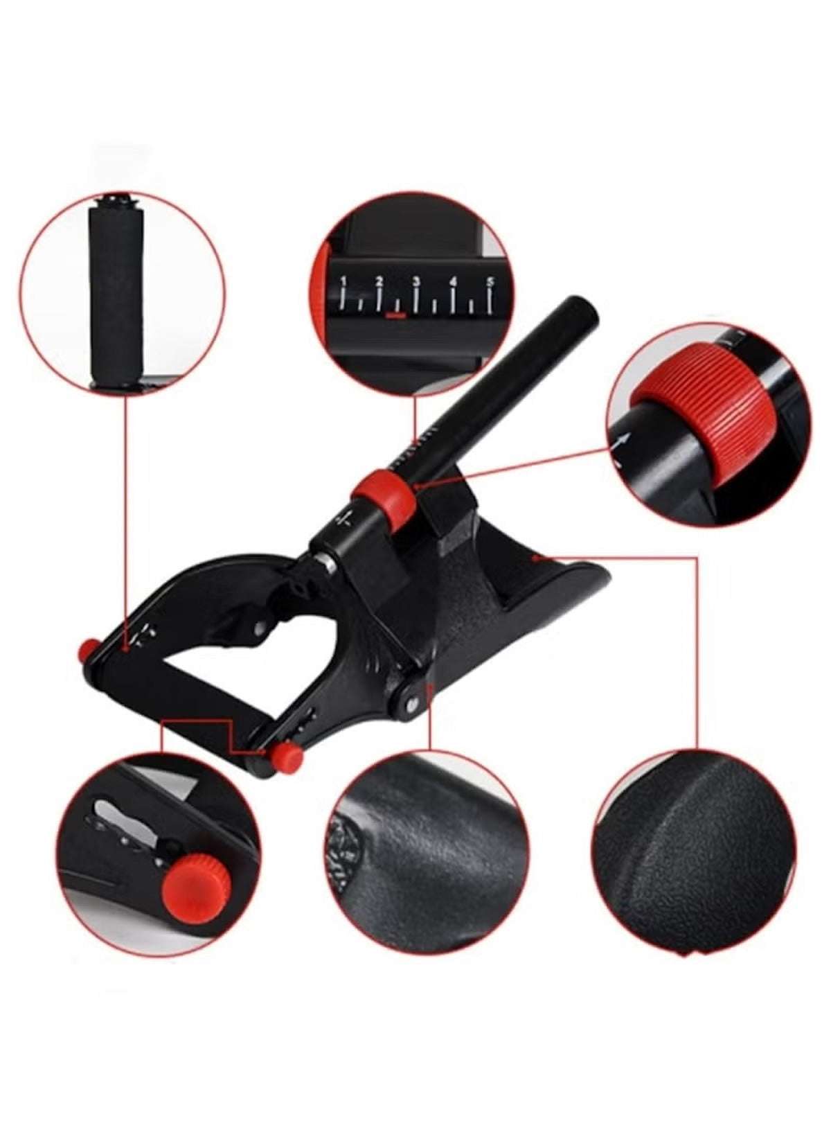 Huitich adjustable wrist strength trainer showing close-ups of grip, tension dial, and adjustment mechanism