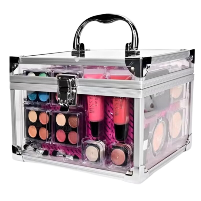 Huitich complete eyeshadow and lip color set in clear carry case with multiple shades
