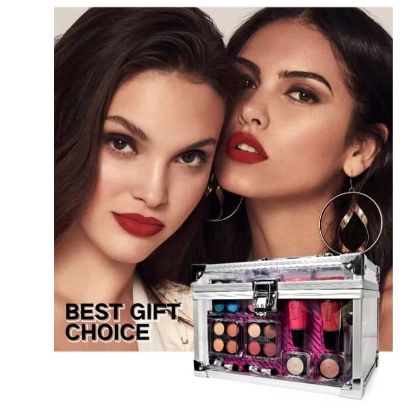Huitich complete eyeshadow and lip color set with two models showcasing bold red lipsticks
