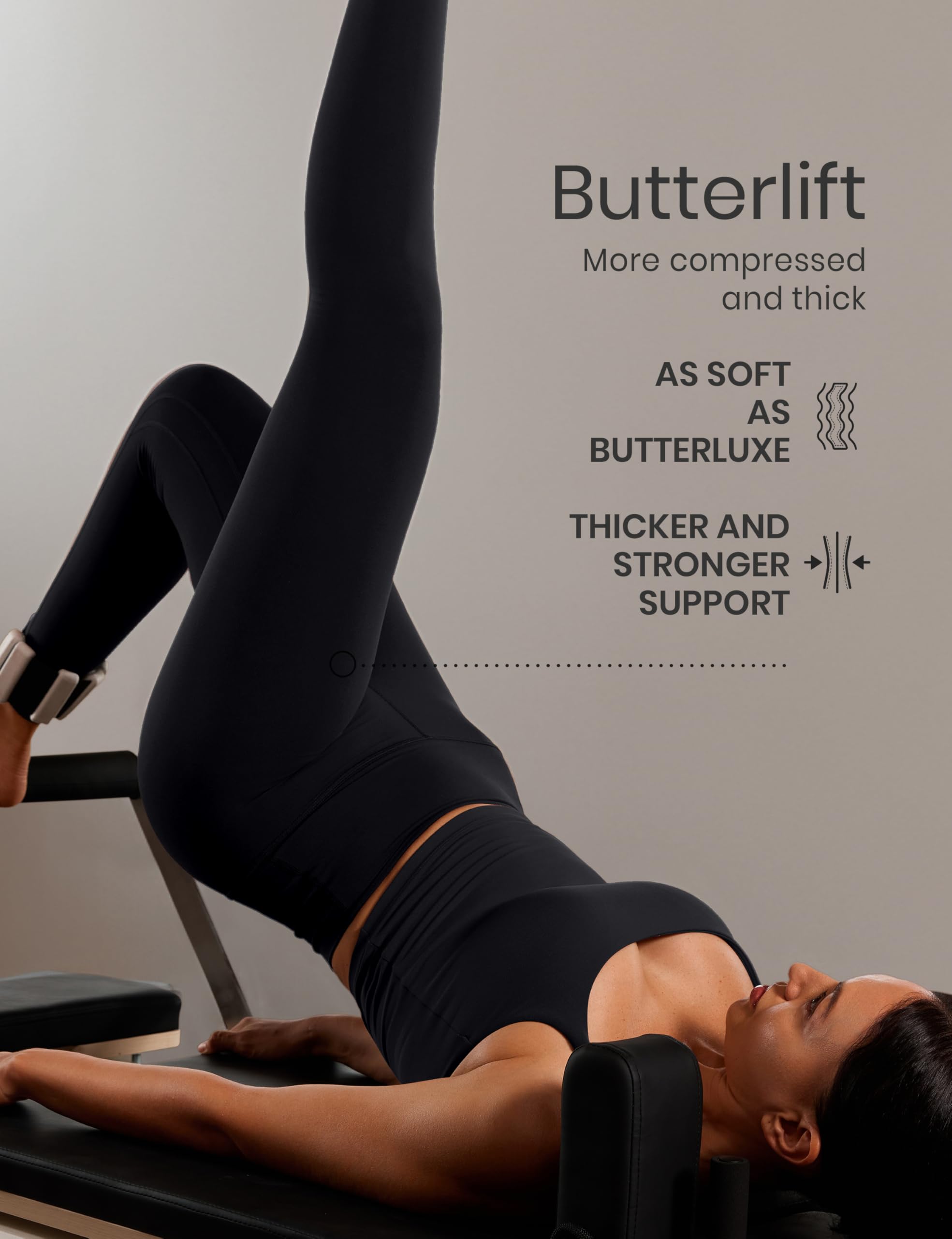 Woman wearing high waisted workout leggings in black with Butterlift compression and strong support