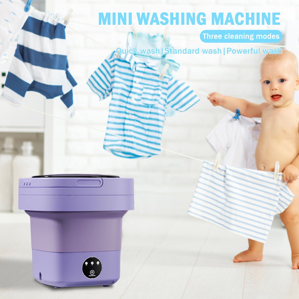 Huitich mini automatic portable washer for travel in purple with baby clothes hanging to dry
