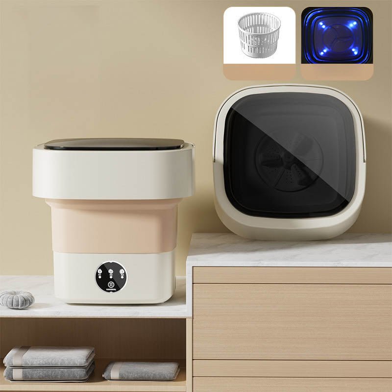 Huitich mini automatic portable washer for travel in beige and white with a foldable design on a shelf