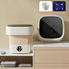Huitich mini automatic portable washer for travel in beige and white with a foldable design on a shelf