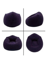 Purple inflatable lounge chair—front, side, and top views