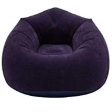 Purple inflatable lounge chair with beanless teardrop shape and padded seat